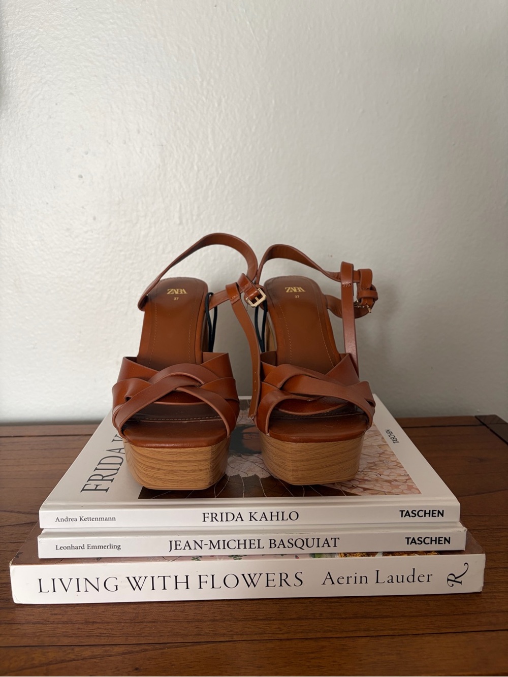 Zara Tan Brown Leather Platform Sandals with Knotted Straps - Picture 2 of 3